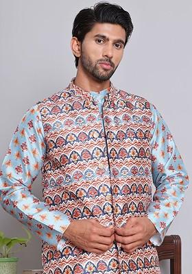 White Printed Poly Blend Nehru Jacket For Men