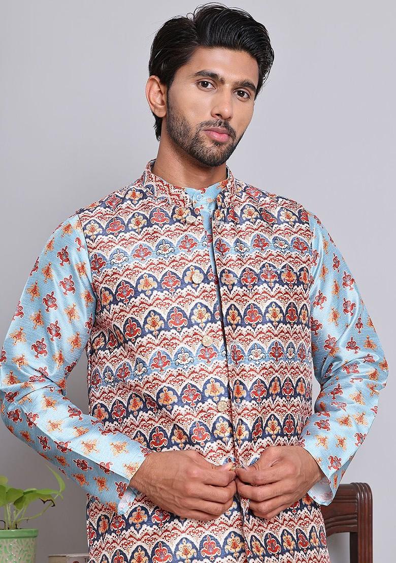 White Printed Poly Blend Nehru Jacket For Men