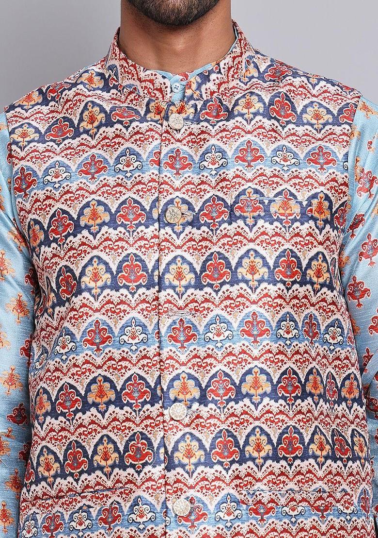 White Printed Poly Blend Nehru Jacket For Men