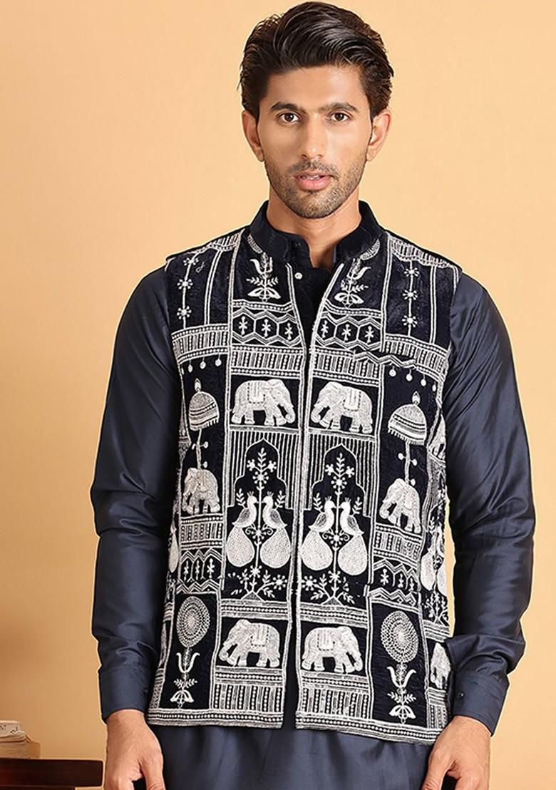 Navy Blue Embroidered Poly Blend Nehru Jacket For Men