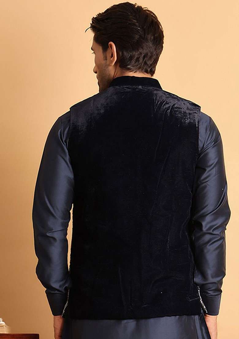 Navy Blue Embroidered Poly Blend Nehru Jacket For Men - Indya