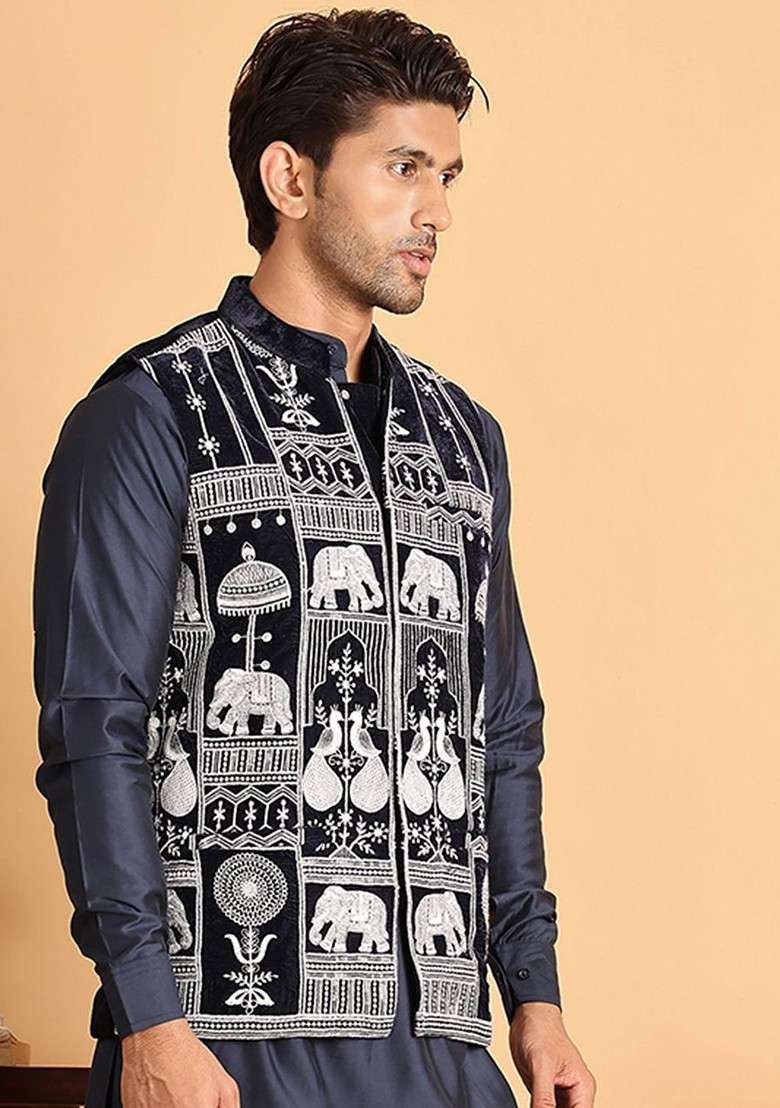 Navy Blue Embroidered Poly Blend Nehru Jacket For Men - Indya