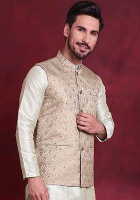 Gold Woven Design Poly Blend Nehru Jacket For Men