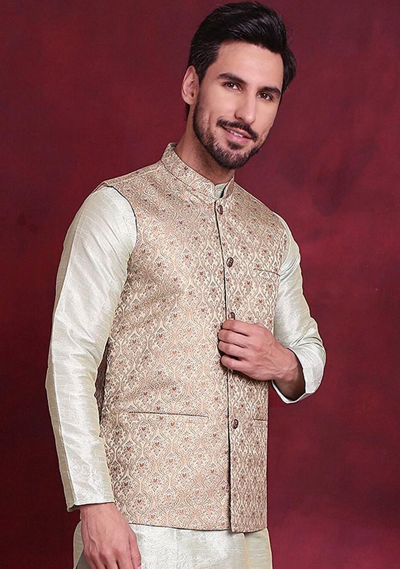 Gold Woven Design Poly Blend Nehru Jacket For Men