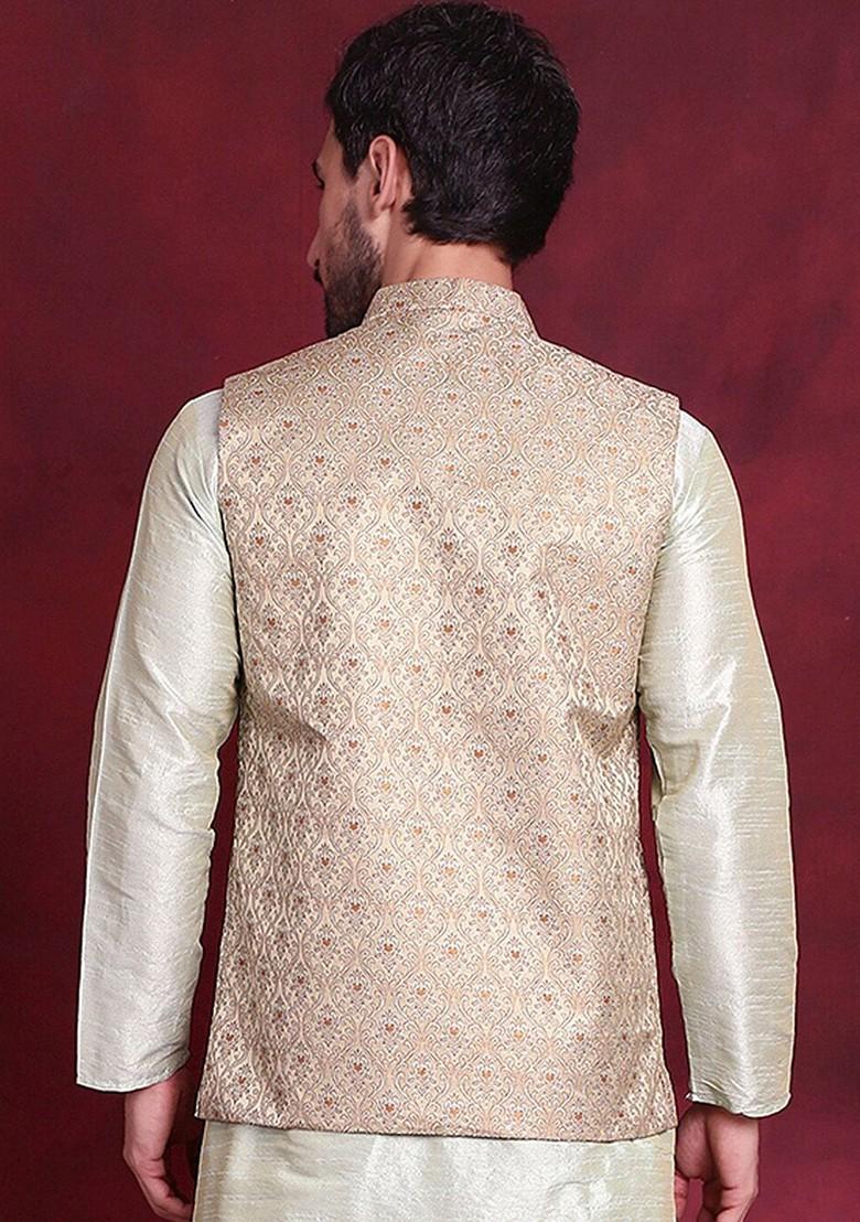 Gold Woven Design Poly Blend Nehru Jacket For Men