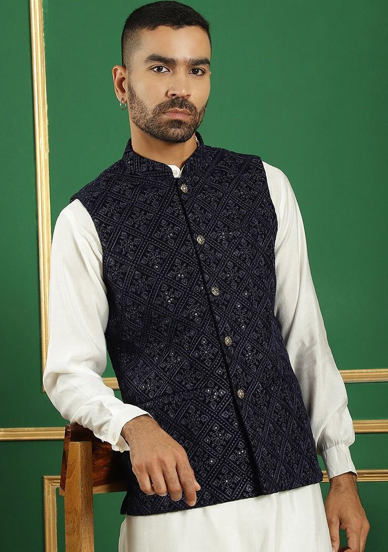 Navy Blue Embroidered Poly Blend Nehru Jacket For Men