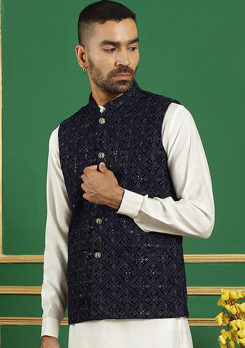Navy Blue Embroidered Poly Blend Nehru Jacket For Men - Indya