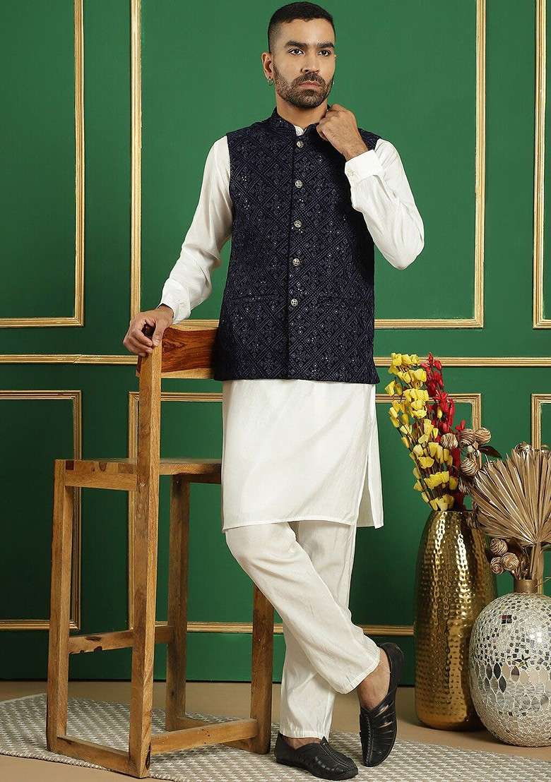 Navy Blue Embroidered Poly Blend Nehru Jacket For Men - Indya