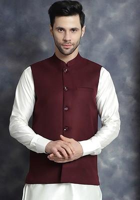 Maroon Embroidered Poly Blend Nehru Jacket For Men