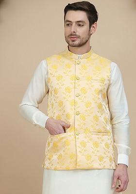 Yellow Woven Design Poly Blend Nehru Jacket For Men
