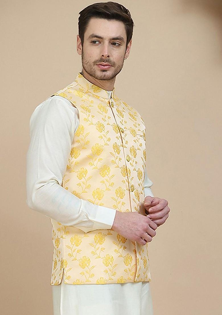 Yellow Woven Design Poly Blend Nehru Jacket For Men