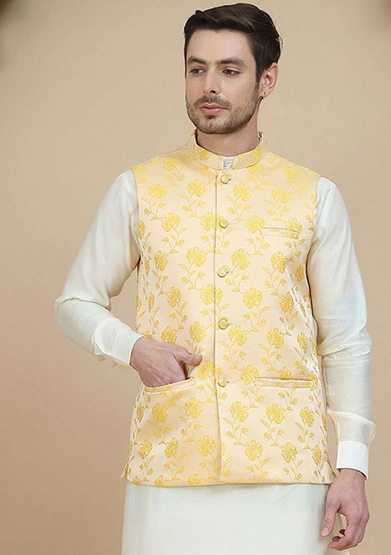Yellow Woven Design Poly Blend Nehru Jacket For Men - Indya