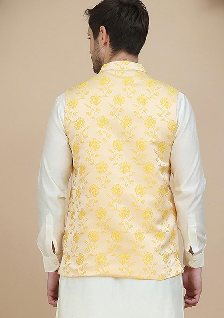 Yellow Woven Design Poly Blend Nehru Jacket For Men