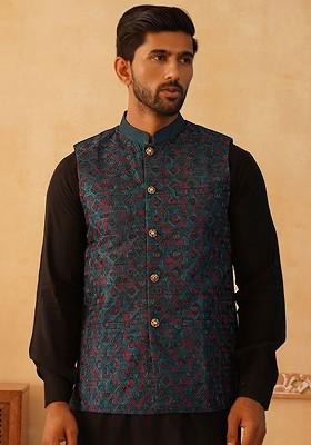 Teal Blue Embroidered Poly Blend Nehru Jacket For Men