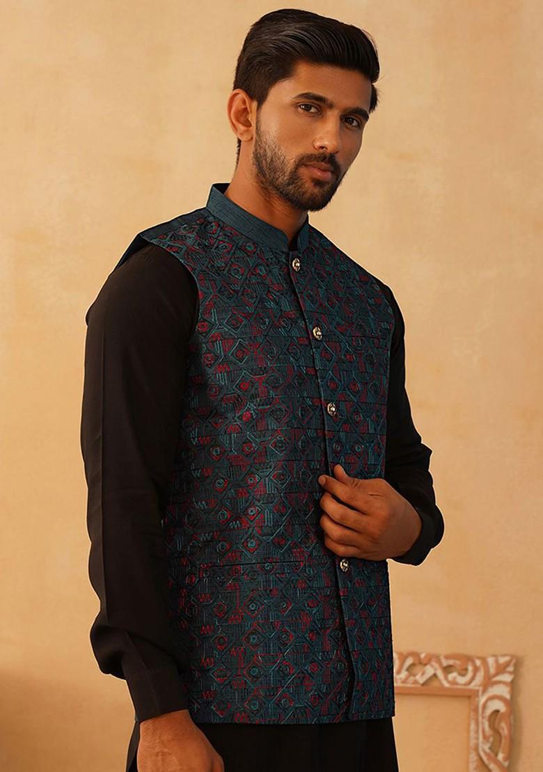 Teal Blue Embroidered Poly Blend Nehru Jacket For Men