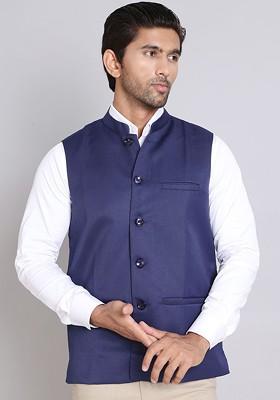 Navy Blue Woven Design Poly Blend Nehru Jacket For Men