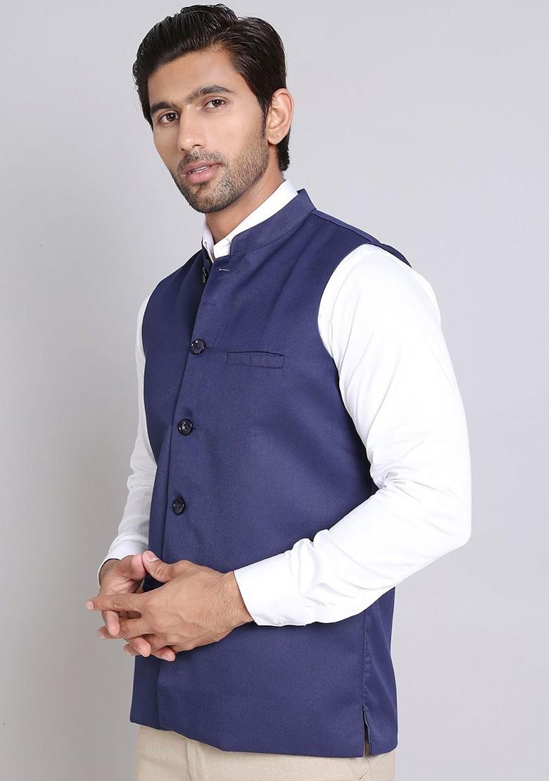 Navy Blue Woven Design Poly Blend Nehru Jacket For Men