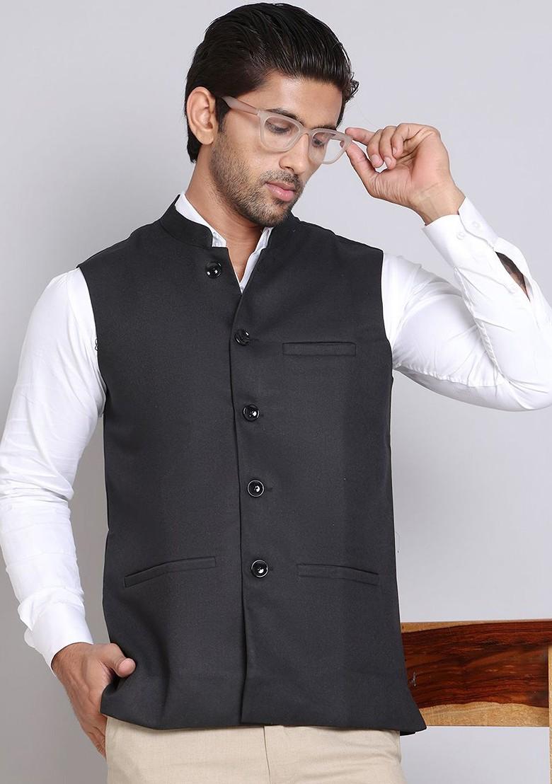 Black Embroidered Poly Blend Nehru Jacket For Men