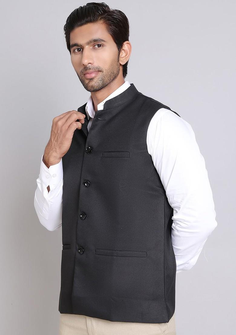 Black Embroidered Poly Blend Nehru Jacket For Men