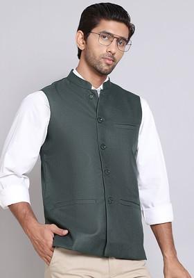 Olive Embroidered Poly Blend Nehru Jacket For Men