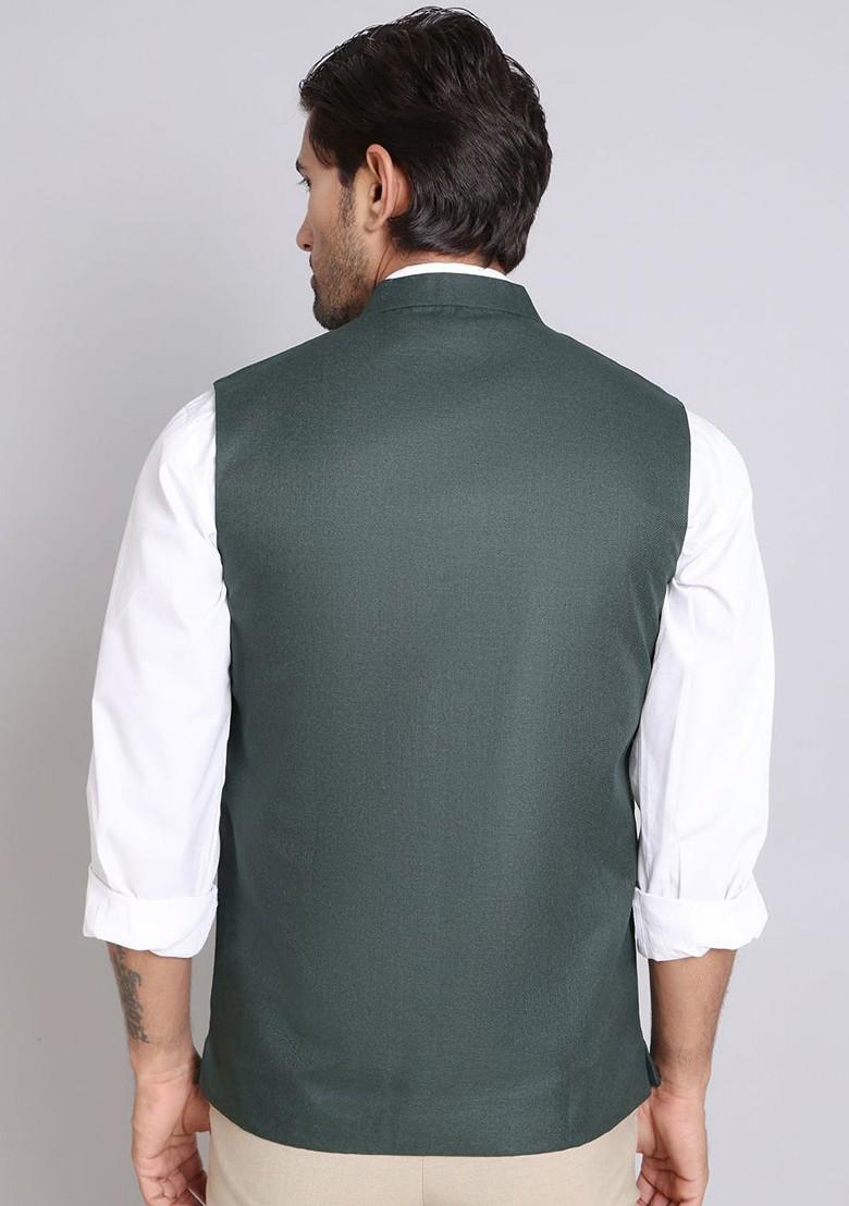 Olive Embroidered Poly Blend Nehru Jacket For Men
