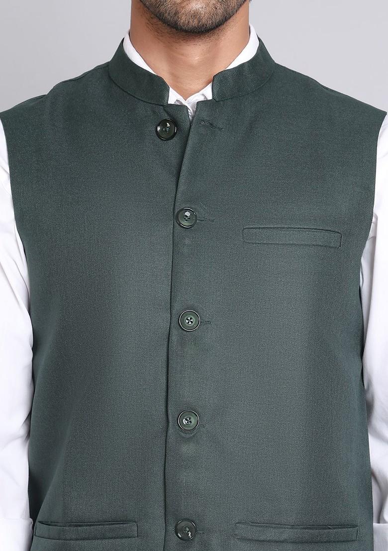 Olive Embroidered Poly Blend Nehru Jacket For Men