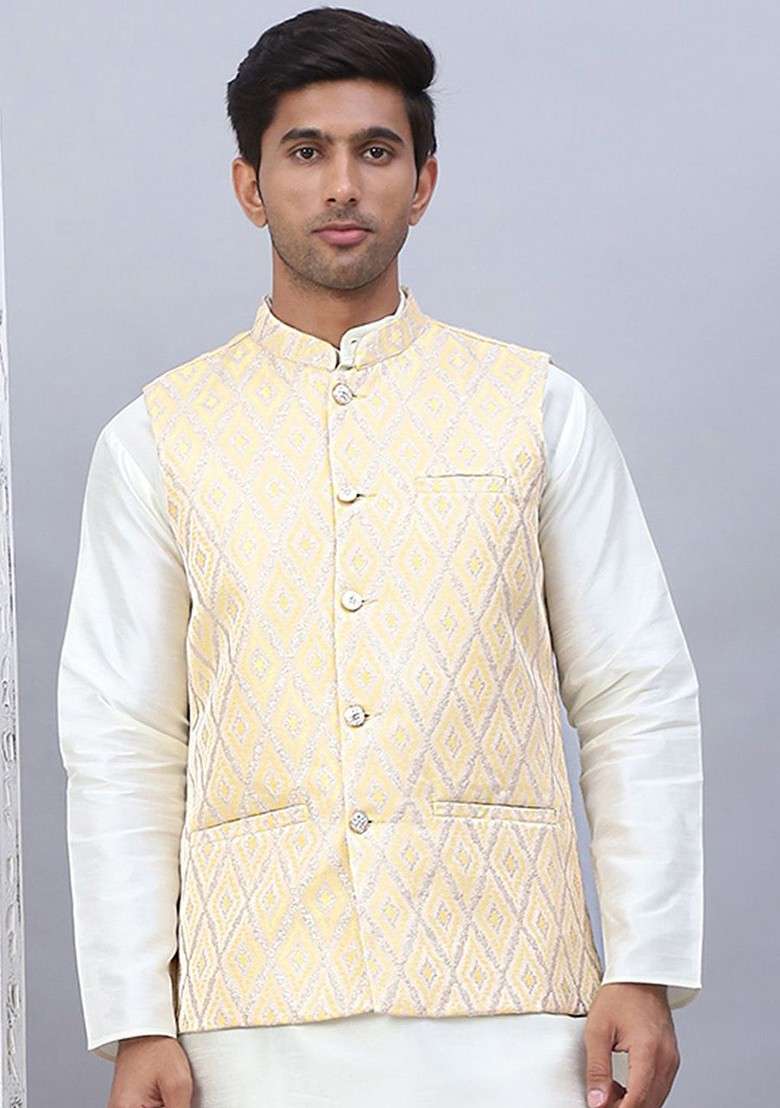 Yellow Embellished Poly Blend Nehru Jacket For Men - Indya
