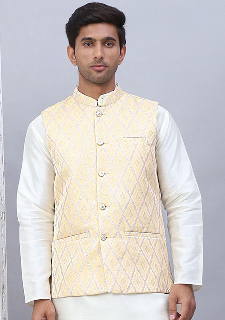 Yellow Embellished Poly Blend Nehru Jacket For Men