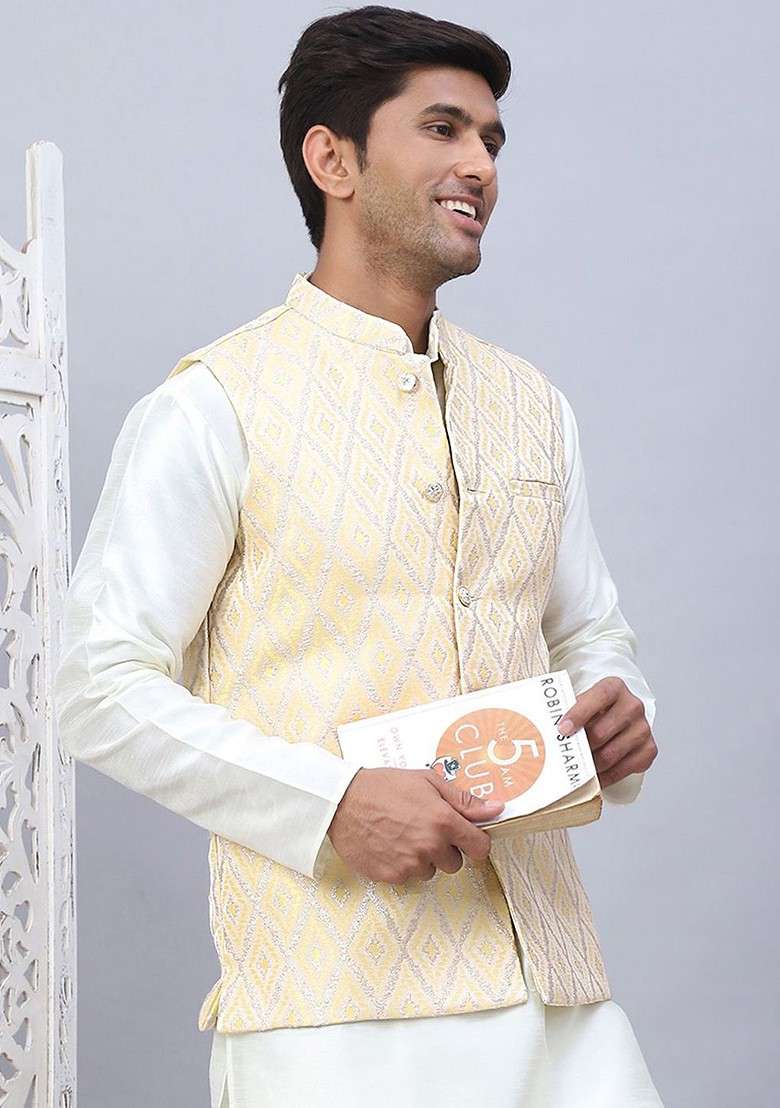 Yellow Embellished Poly Blend Nehru Jacket For Men - Indya