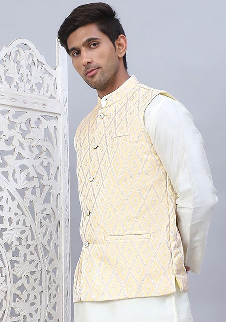 Yellow Embellished Poly Blend Nehru Jacket For Men