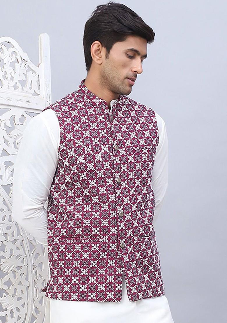 Purple Embroidered Poly Blend Nehru Jacket For Men