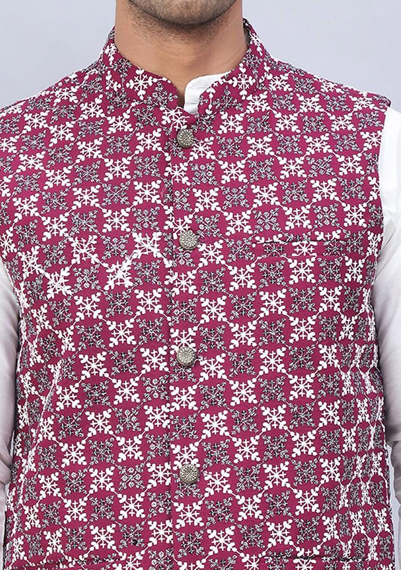 Purple Embroidered Poly Blend Nehru Jacket For Men
