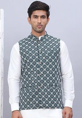 Olive Embroidered Poly Blend Nehru Jacket For Men