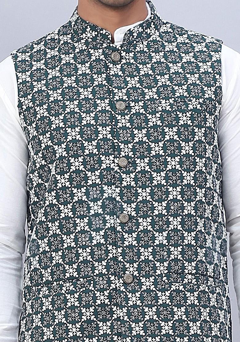 Olive Embroidered Poly Blend Nehru Jacket For Men