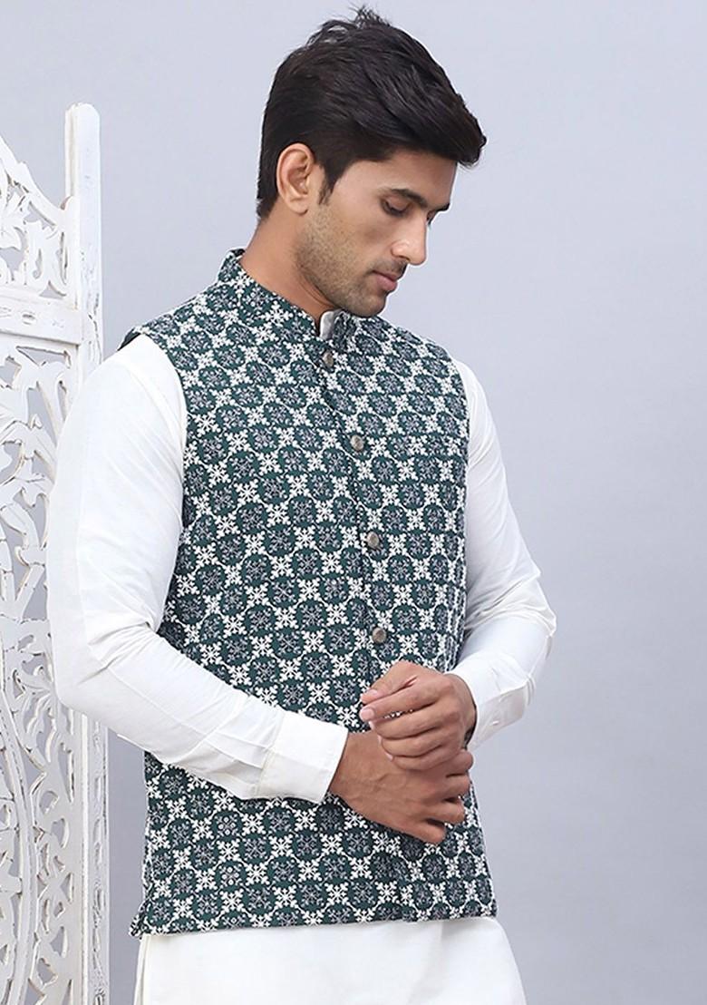 Olive Embroidered Poly Blend Nehru Jacket For Men