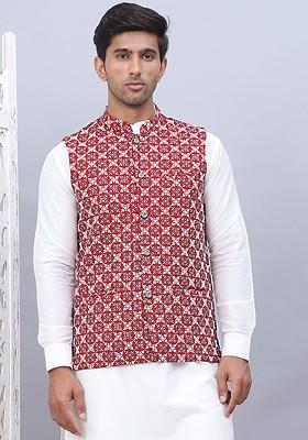 Maroon Embroidered Poly Blend Nehru Jacket For Men