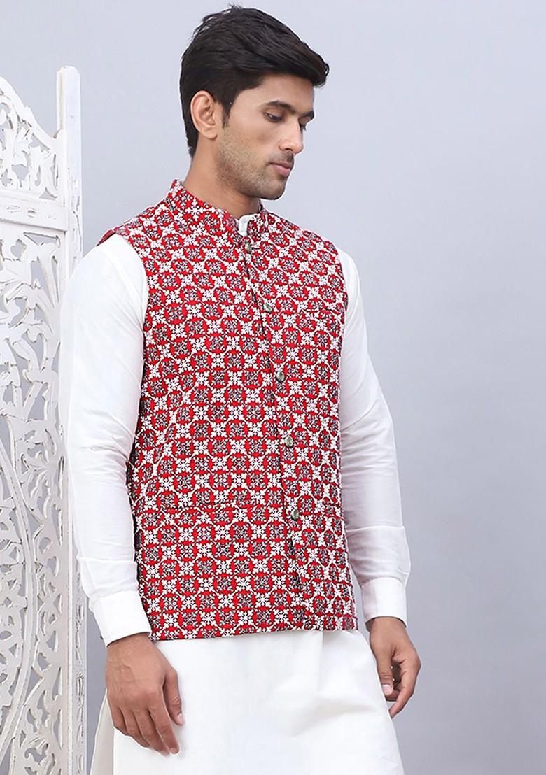 Maroon Embroidered Poly Blend Nehru Jacket For Men