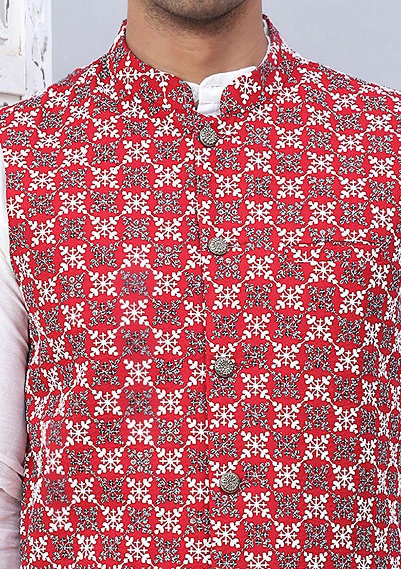 Maroon Embroidered Poly Blend Nehru Jacket For Men
