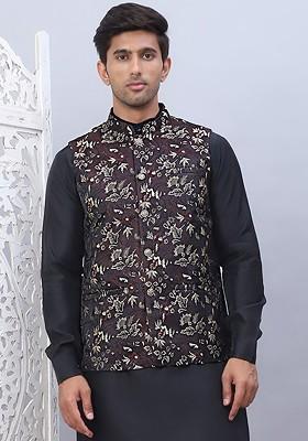 Maroon Embellished Poly Blend Nehru Jacket For Men