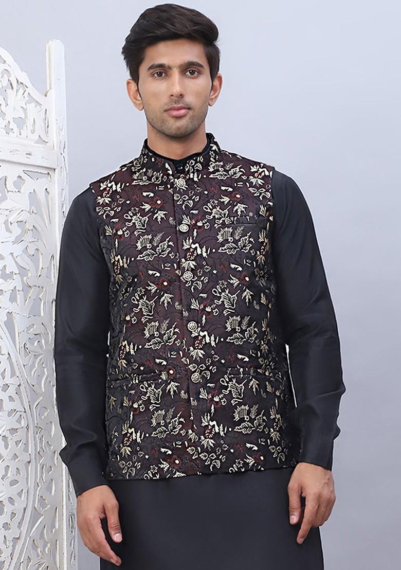 Maroon Embellished Poly Blend Nehru Jacket For Men