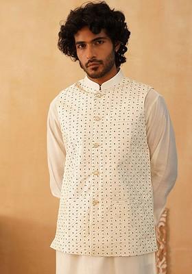 White Embroidered Poly Blend Nehru Jacket For Men