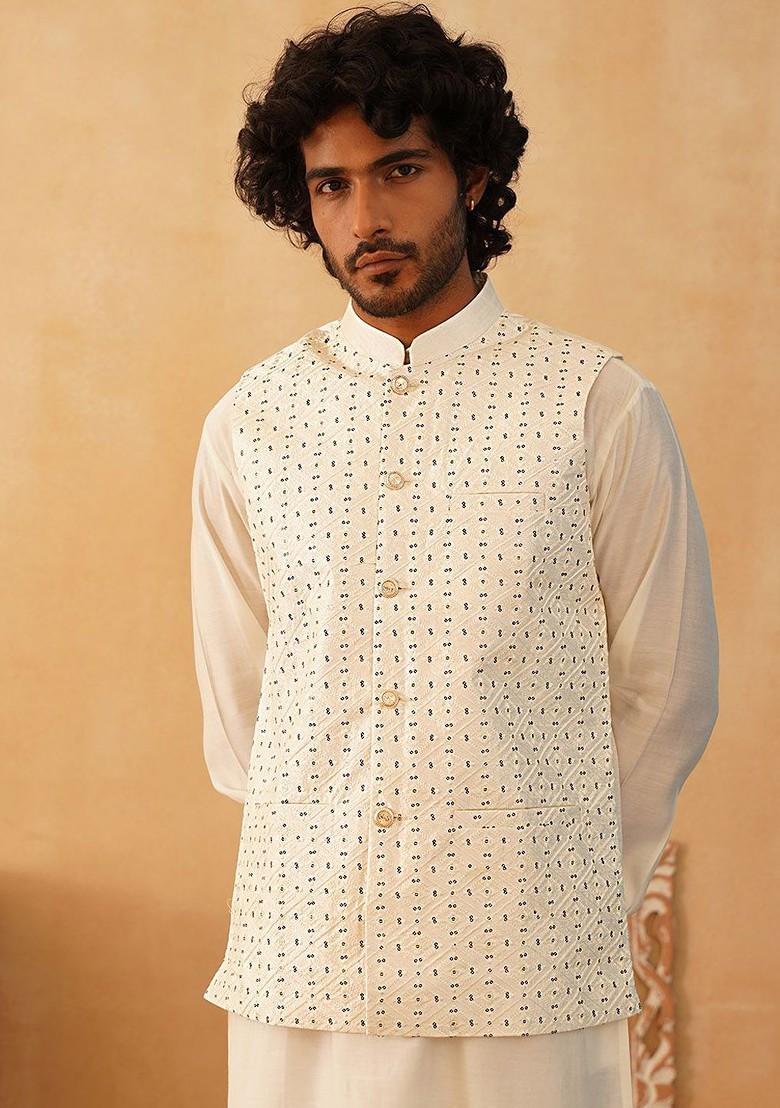 White Embroidered Poly Blend Nehru Jacket For Men