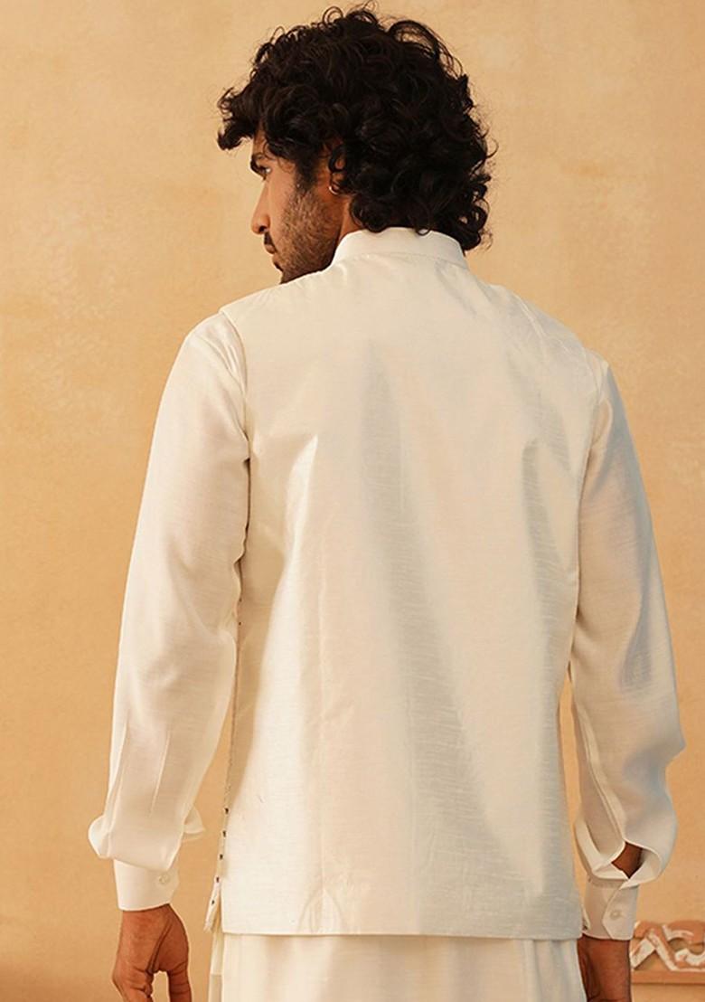 White Embroidered Poly Blend Nehru Jacket For Men