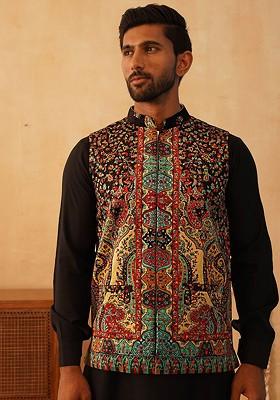 Black Printed Poly Blend Nehru Jacket For Men