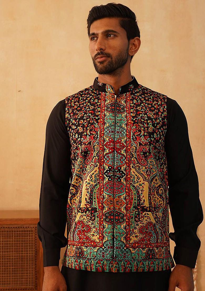 Black Printed Poly Blend Nehru Jacket For Men
