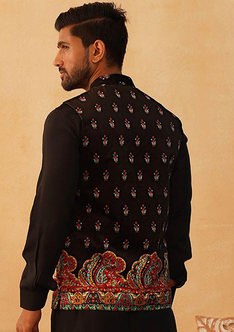 Black Printed Poly Blend Nehru Jacket For Men