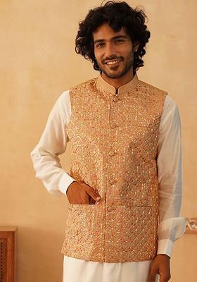 Brown Embroidered Poly Blend Nehru Jacket For Men
