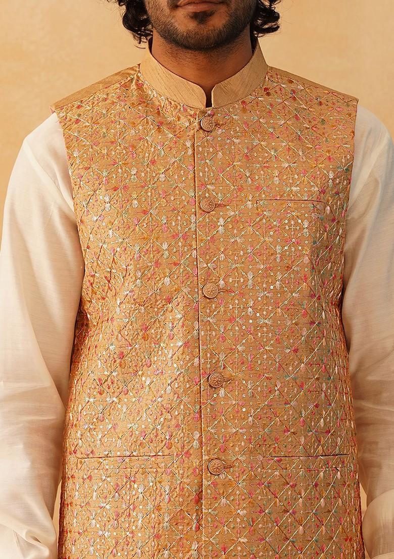 Brown Embroidered Poly Blend Nehru Jacket For Men