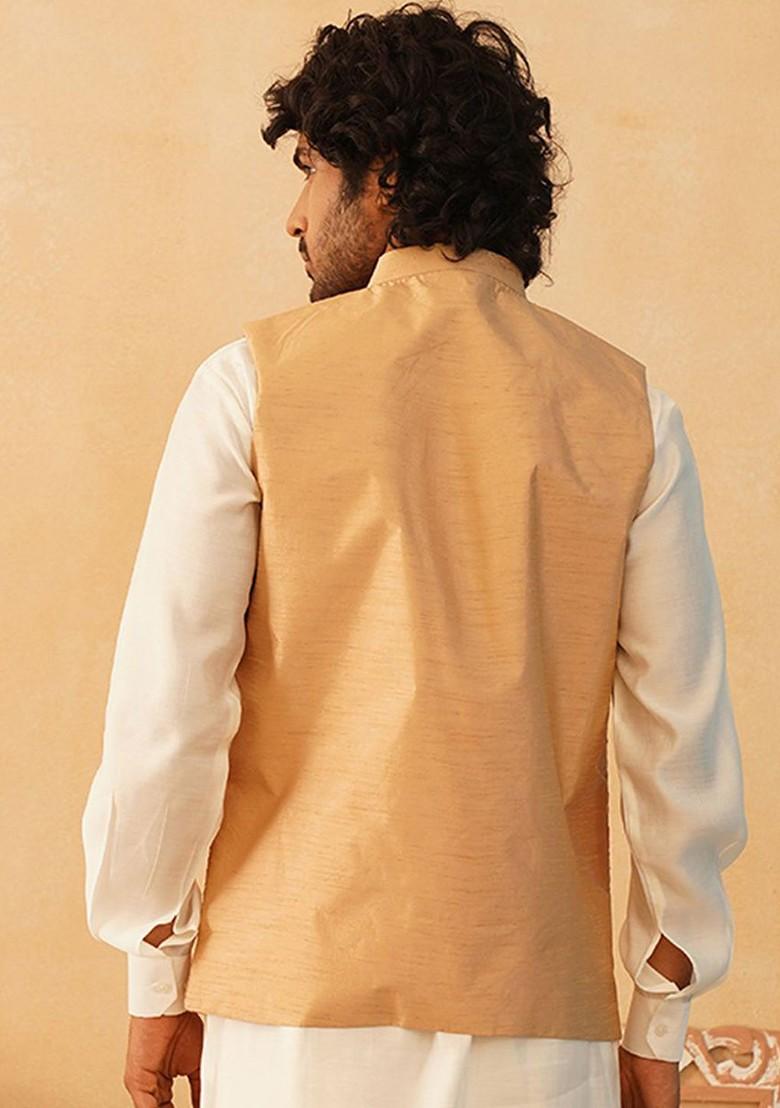 Brown Embroidered Poly Blend Nehru Jacket For Men