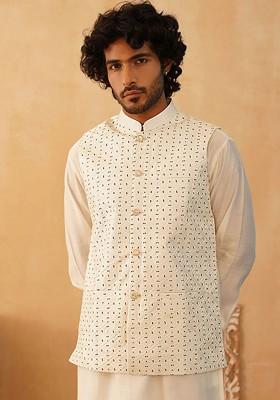 White Embroidered Poly Blend Nehru Jacket For Men